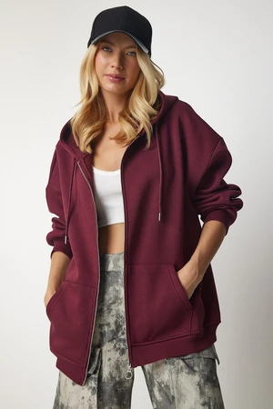 Happiness İstanbul Women's Burgundy Hooded Zipper Oversized Sweatshirt