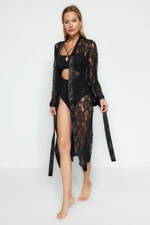 Trendyol Black Premium Satin Band Detailed Lace Knitted Dressing Gown