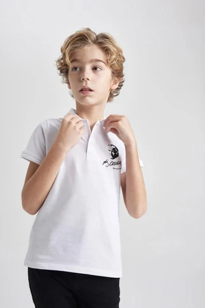 DEFACTO Boy&#39;s Pique Short Sleeve Atatürk Printed White Polo T-Shirt