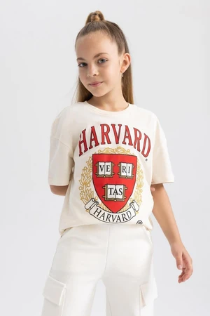 DEFACTO Girls Harvard University Oversize Wide Pattern Crew Neck Short Sleeve T-Shirt