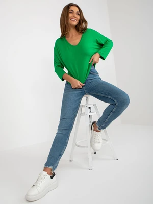 Green women's basic blouse with V-neck