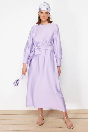 Trendyol Lilac Wide Belted Zipper Cuff Woven Linen Look Dress