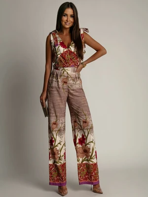 Patterned women's jumpsuit with wide leg beige