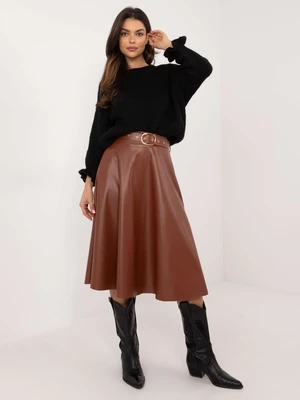 Beige midi skirt made of eco-leather with a belt