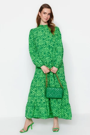 Trendyol zöld mintás fél mancs széles szabású pamut szőtt ruha
