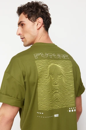 Trendyol Khaki Oversize Puffy Printed Short Sleeve T-Shirt