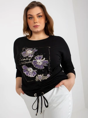 Women's plus size blouse with 3/4 sleeves and print - black