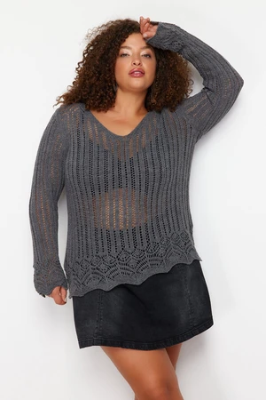 Trendyol Curve Anthracite V-Neck Openwork Thin Knitwear Sweater