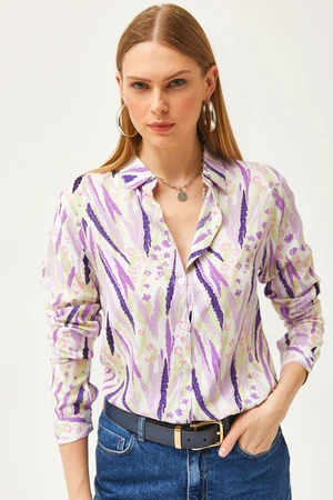 Olalook Women's Purple Lilac Leaf Patterned Woven Viscose Shirt