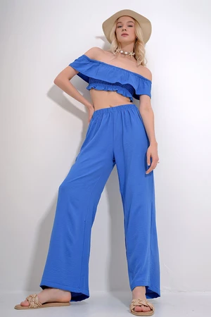 Trend Alaçatı Stili Women's Saxe Blue Madonna Collar Gimped Crop Blouse And Palazzo Pants Woven Bottom Top Set