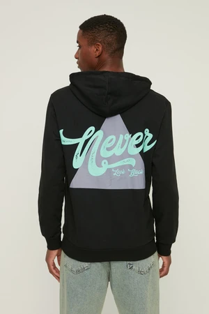 Trendyol Black Men's Printed Back Hoodie, Regular Cotton Sweatshirt