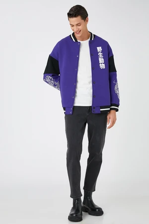 Koton College Jacket with Bomber Collar Asian Print, Snap fastener, Pocket.