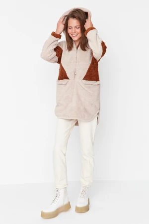 Trendyol Beige Color Block Hooded Double Pocket Plush Coat