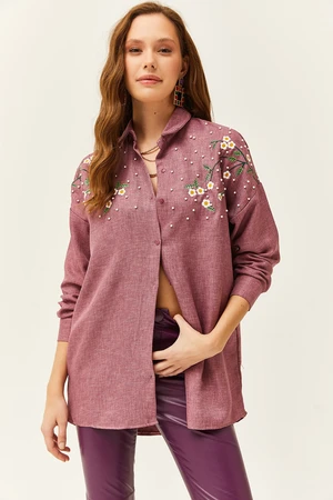 Olalook Women's Pale Pink Embroidered Pearl Wool Effect Oversize Winter Shirt