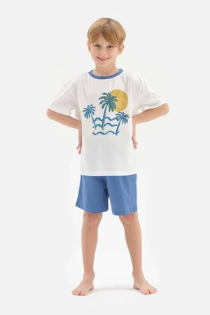 Dagi White Palm Printed Crew Neck Short Sleeve T-Shirt, Shorts Pajamas Set.