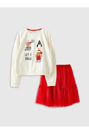 LC Waikiki Girls' Crew Neck Christmas Theme Long Sleeved Sweatshirt and Skirt