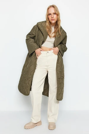 Trendyol khaki oversize dlhá prešívaná bunda odpudzujúca vodu