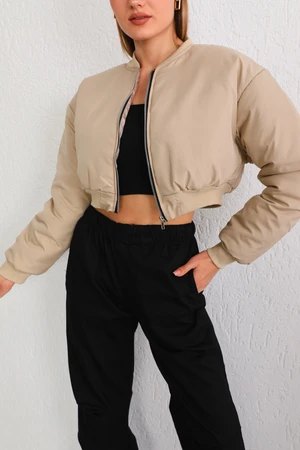 BİKELİFE Women Beige Oversize Bomber Jacket Coats