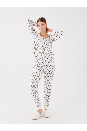 LC Waikiki Women's V-Neck Christmas Themed Long Sleeve Pajamas Set