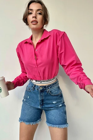 Trend Alaçatı Stili Women's Fuchsia Shoulder Padded Sleeves Gathered Elastic Waist Crop Poplin Shirt.