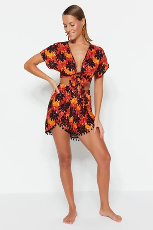 Trendyol Tropical Patterned Woven Stripe Accessorized Blouse, Short Set