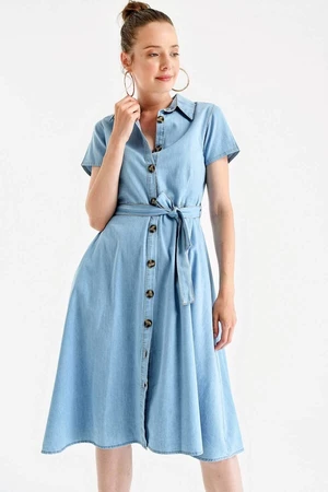 Bigdart 1677 Buttoned Waist Belt Denim Dress - Blue