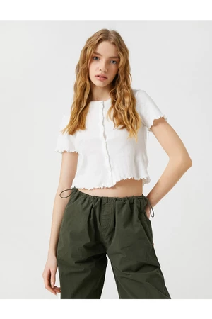 Koton Crop T-Shirt Short Sleeves Cotton with Buttons Crewneck