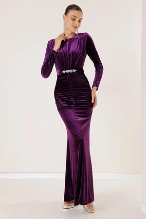 By Saygı Long Velvet Dress with Front Pleated Belt