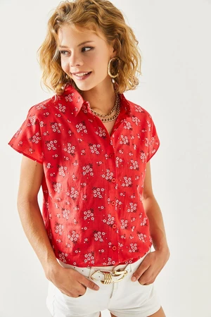 Olalook Women's Red Floral Print Linen Bat Shirt