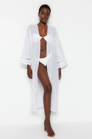 Trendyol Bridal Ecru Belted Midi 100% Cotton Kimono&Kaftan with Woven Ribbon Accessories