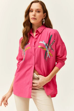 Olalook Women's Fuchsia Color Sequin Stick Woven Shirt