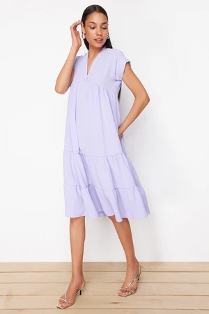 Trendyol Lilac Wide Cut V-Neck Skirt Asymmetric Flounce Aerobin Woven Dress