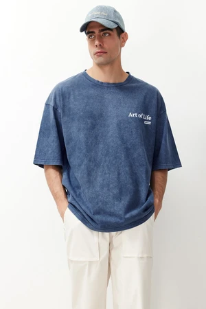 Trendyol Indigo Oversize/Wide Cut Faded Effect Text Printed 100% Cotton T-Shirt