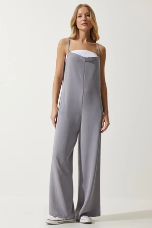 Happiness İstanbul Women's Gray Strap Loose Knitted Overalls Jumpsuit