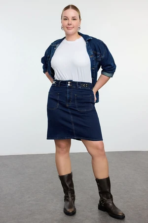 Trendyol Curve Dark Blue Aksaur Detailed Denim Plus Size Skirt