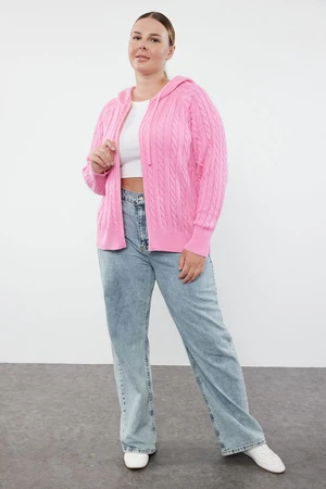 Trendyol Curve Pink Hooded Zippered Knitwear Cardigan