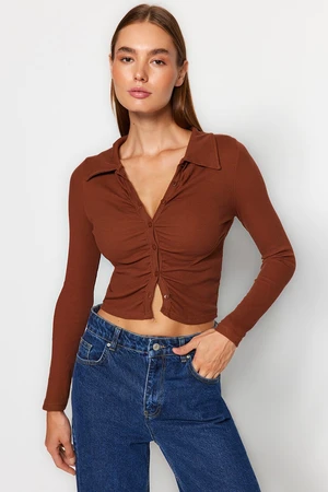 Trendyol Brown Fitted Crop Polo Neck Ribbed Cotton Stretch Knitted Blouse