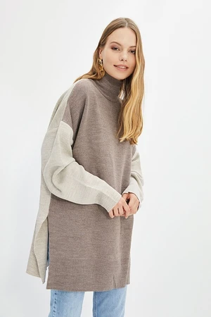 Trendyol Brown Color Block Turtleneck Long Knitwear Sweater