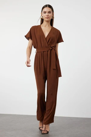 Trendyol Brown Tie Detailed Double Breasted Collar Tube Leg Woven Jumpsuit