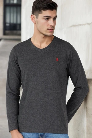 T8587 DEWBERRY V-NECK MEN'S LONG SLEEVE T-SHIRT-ANTHRACITE-1