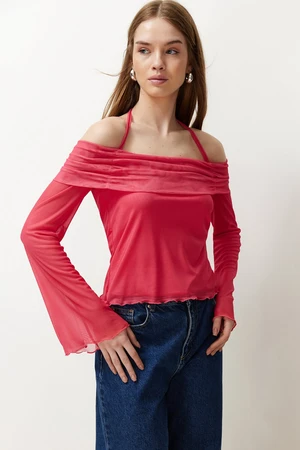 Trendyol Fuchsia Flare Sleeve Tie Detailed Knitted Madonna Collar Blouse