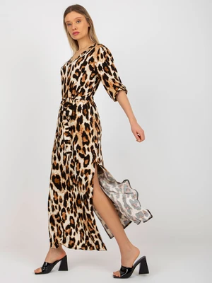 Beige and black midi dress with leopard pattern and tie