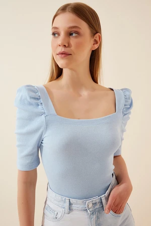 Happiness İstanbul Women's Sky Blue Square Neck Ribbed Crop Blouse