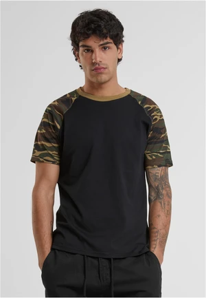 Raglan tričko s kontrastnými čiernymi/woodcamo rukávmi