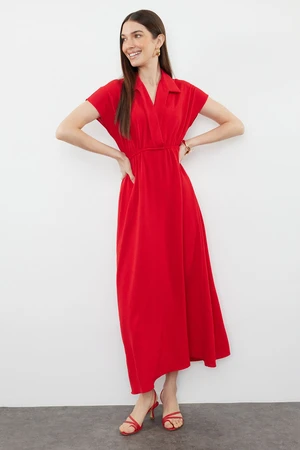 Trendyol Red Straight A-Cut Double Breasted Neck Aerobin Midi Woven Dress