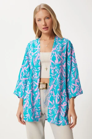 Happiness İstanbul Women's Pink Sky Blue Patterned Viscose Kimono