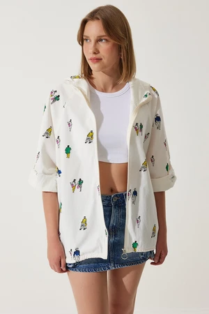 Happiness İstanbul Women's Ecru Printed Hooded Raw Linen Jacket