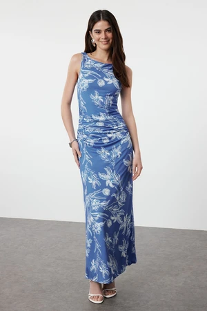 Trendyol Blue Floral Printed Shiny Surface Boat Kaya Fitted Flexible Knitted Pencil Dress