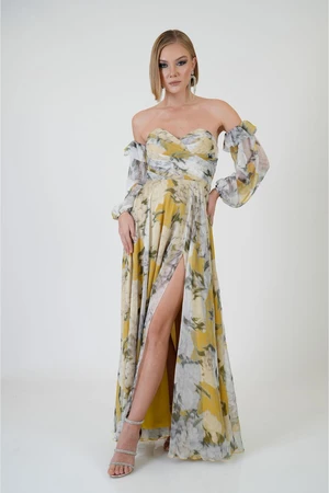 Carmen Yellow Strapless Slit Printed Evening Dress