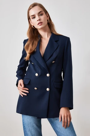 Trendyol Navy Blue Oversize Lined Double Breasted Closure Woven Blazer Jacket